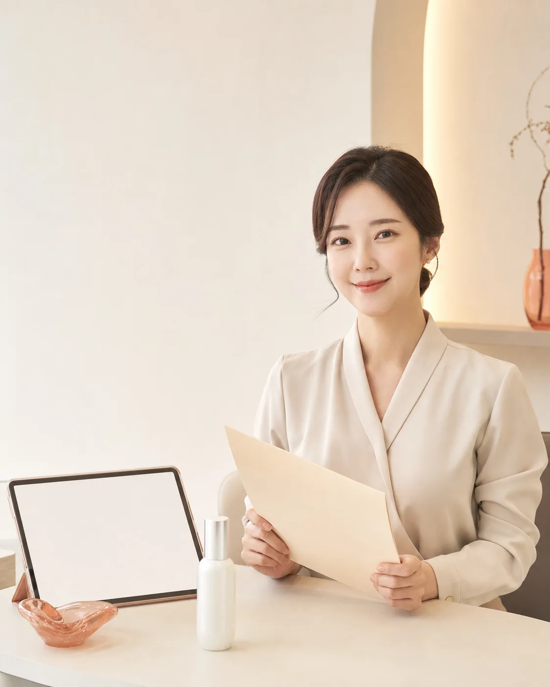 밝고 정돈된 공간에서 안내 자료를 준비하는 LHALALA 고객지원 담당자